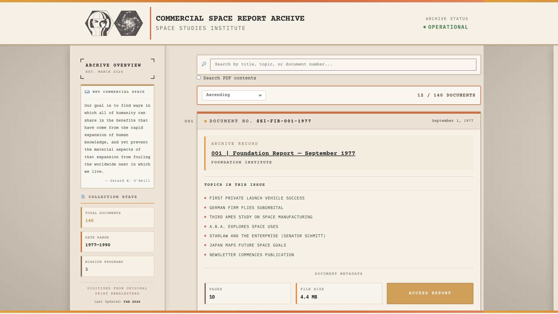 Commercial Space Archive utility shell with sidebar and controls